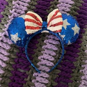 Disney Blue Sequin Mouse Ears with Red Bow